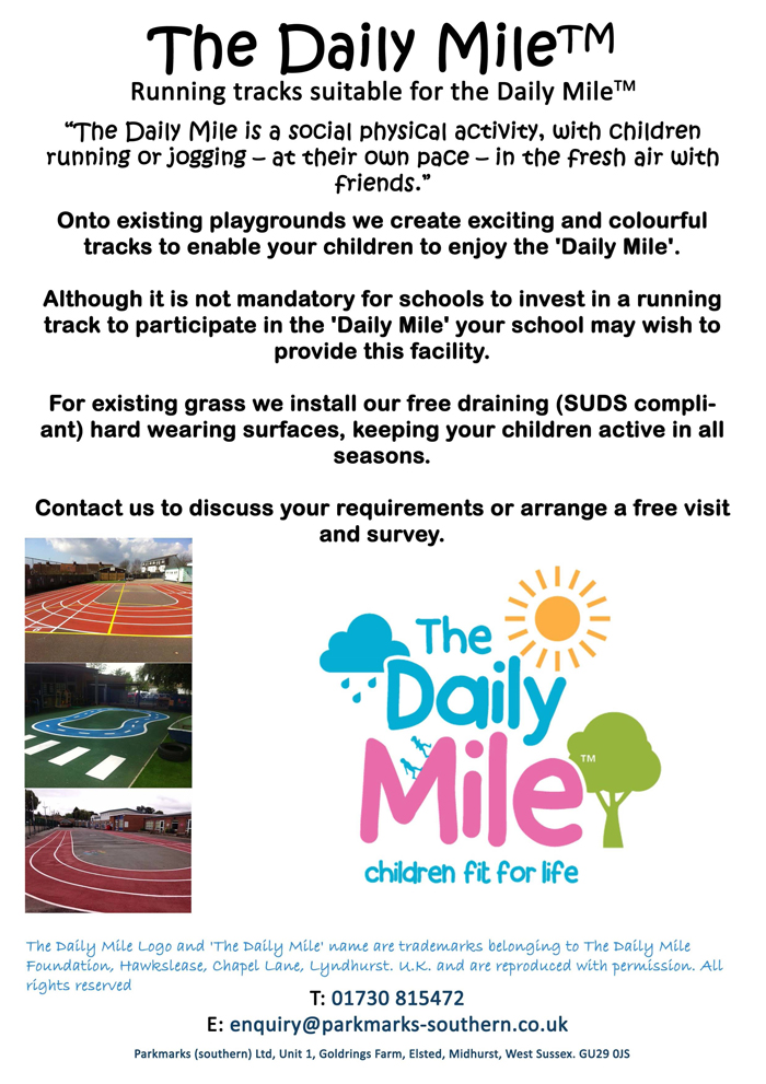 The Daily Mile Running Tracks Court Marking Line Painting Portsmouth Hampshire Surrey Sussex Car Parks Polymeric Colour Coatings Playgrounds