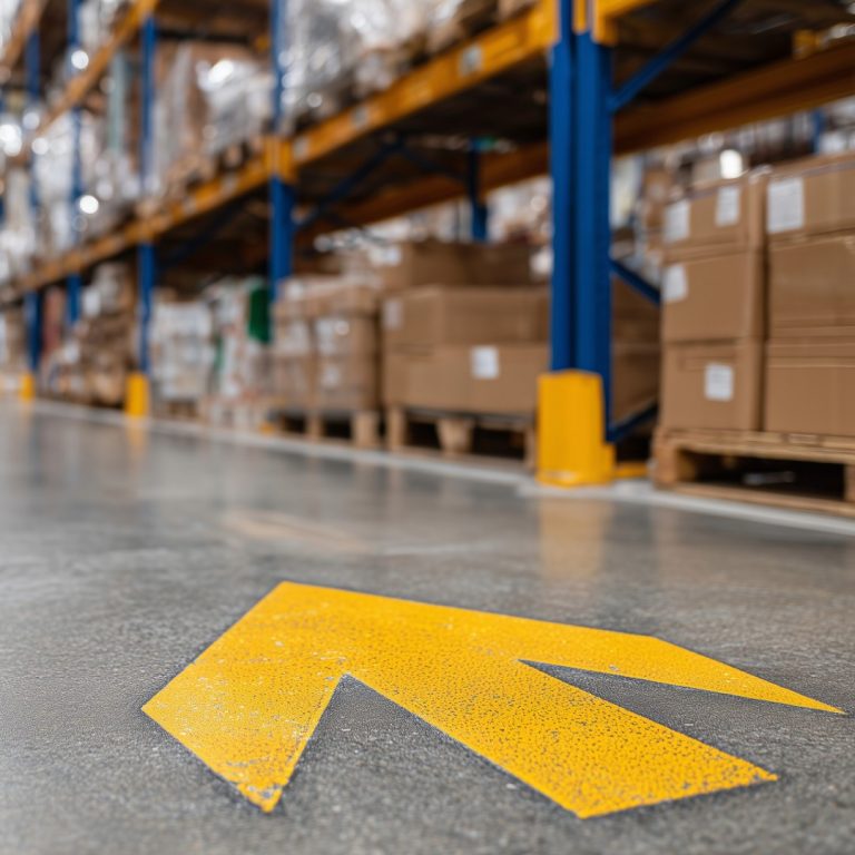 Factory floor with yellow arrow pointing top left painted on it